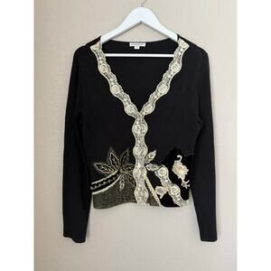 Queenspark Cardigan Size Medium Gold White Floral Embellishments Lace Trim